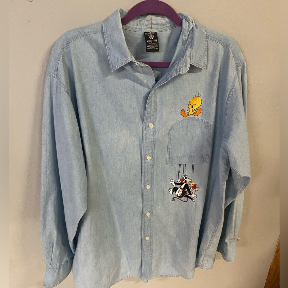 Warner Bros. Light Blue Looney Tunes, Tweety Denim Embroidered Shirt